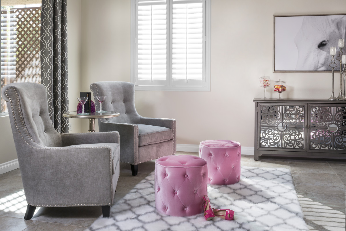 Boston pink living room with shutters